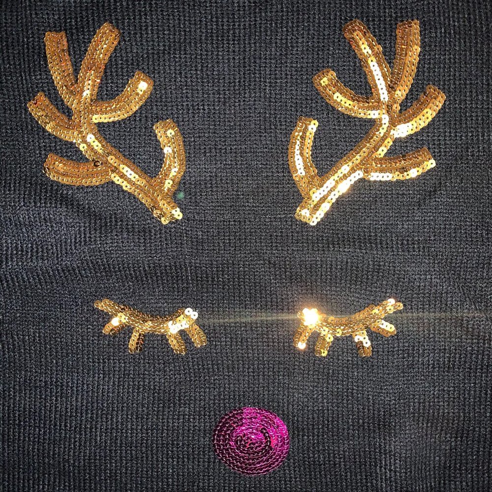 BRAND NEW Black Christmas Gold Pink Sequin Rudolph Reindeer Sweater - Picture 7 of 11